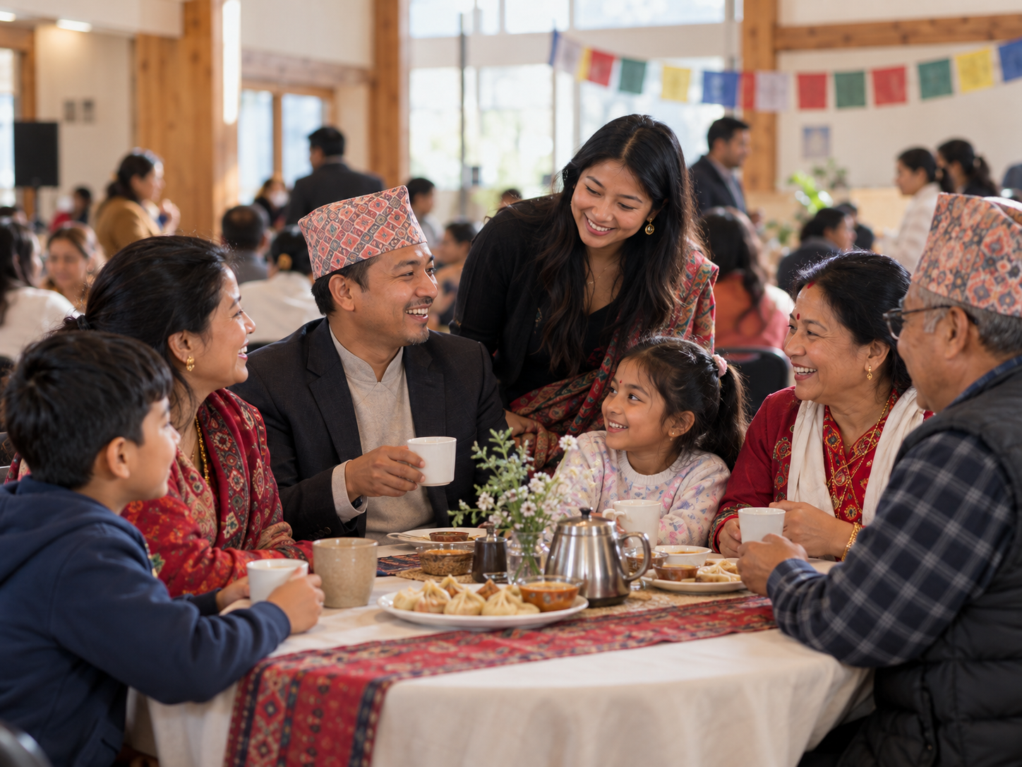 Nepali families sharing tea and momos at a community gathering